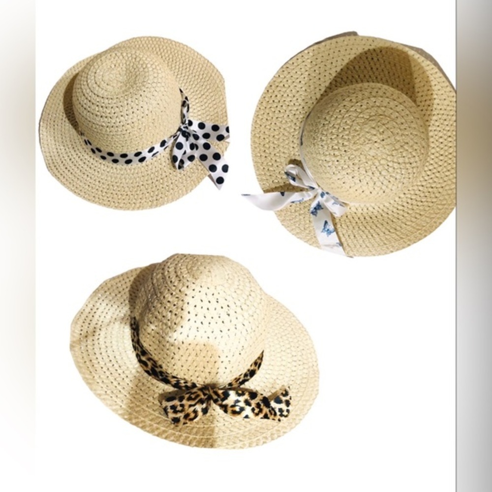 3pack straw satin look banded garden summer beach floppy hats new